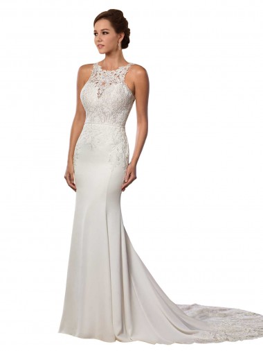 High Neck Lace Sleeveless V-Back Ivory Modern Wedding Dress Edinburgh