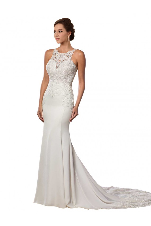 High Neck Lace Sleeveless V-Back Ivory Modern Wedding Dress Edinburgh