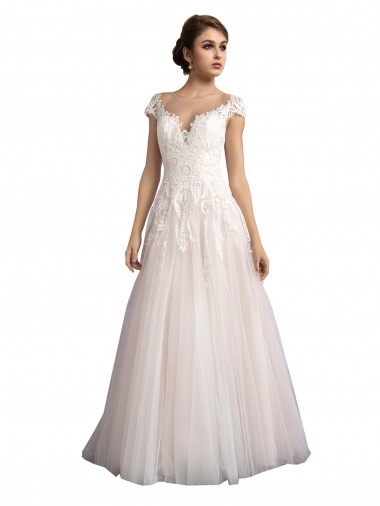 Illusion Neck Tulle & Lace Cap Sleeves Ivory & Champagne Beach Wedding Dress Edinburgh