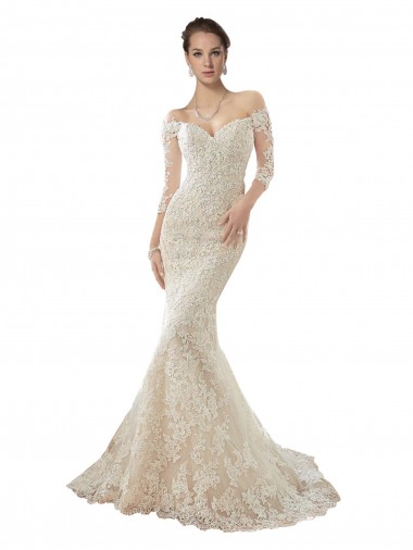 Off the Shoulder Tulle & Lace Long Sleeves Ivory & Champagne Wedding Dress Edinburgh