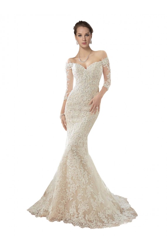 Off the Shoulder Tulle & Lace Long Sleeves Ivory & Champagne Wedding Dress Edinburgh