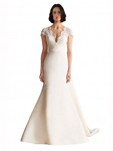 V-Neck Satin Cap Sleeves Keyhole Back Ivory Wedding Dress Edinburgh