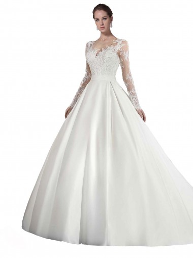 Illusion Neck Satin & Lace Long Sleeves White Wedding Dress Edinburgh