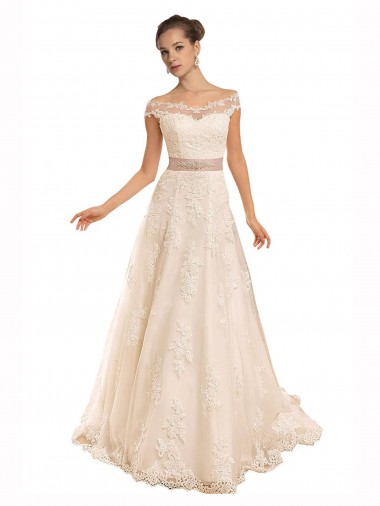 Off the Shoulder Lace Sleeveless Chapel Train Ivory Beach Wedding Dress Edinburgh