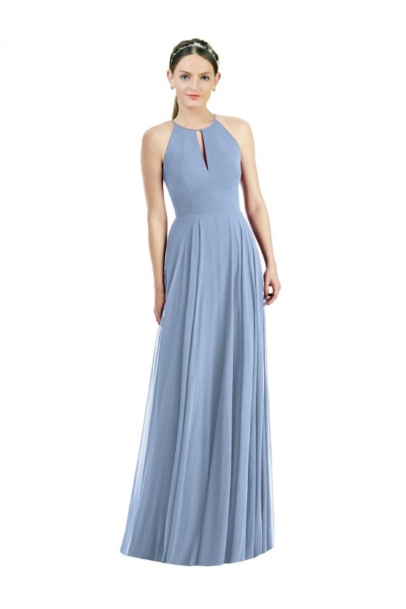 Halter Neck Soft Chiffon Sleeveless Dusty Blue Semi Formal Evening Dress / Bridesmaid Dress Edinburgh