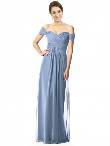 Off the Shoulder Soft Chiffon Cap Sleeves Dusty Blue Bridesmaid Dress Edinburgh