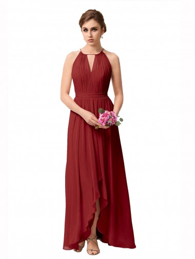 High Neck Soft Chiffon Sleeveless Burgundy High Low Bridesmaid Dress Edinburgh