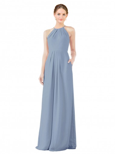 Halter Neck Soft Chiffon Sleeveless Keyhole Back Dusty Blue Bridesmaid Dress Edinburgh