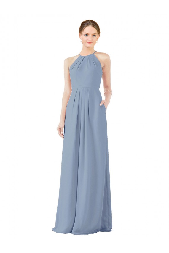 Halter Neck Soft Chiffon Sleeveless Keyhole Back Dusty Blue Bridesmaid Dress Edinburgh