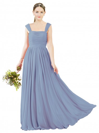 Square Neck Soft Chiffon Sleeveless Open Back Dusty Blue Bridesmaid Dress Edinburgh
