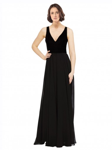 V-Neck Soft Chiffon & Velvet Sleeveless Open Back Black Prom Dress / Bridesmaid Dress Edinburgh