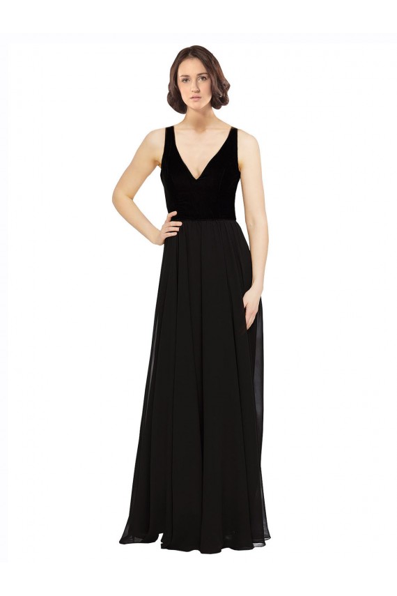 V-Neck Soft Chiffon & Velvet Sleeveless Open Back Black Prom Dress / Bridesmaid Dress Edinburgh