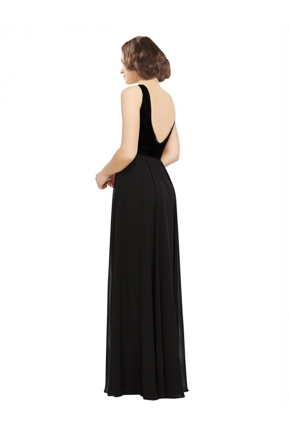 V-Neck Soft Chiffon & Velvet Sleeveless Open Back Black Prom Dress / Bridesmaid Dress Edinburgh