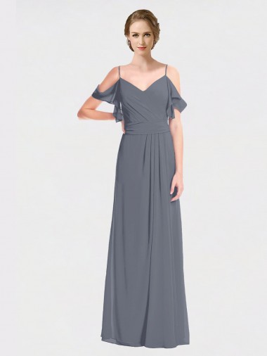 Off the Shoulder Soft Chiffon Flutter Sleeves V-Back Slate Grey Bridesmaid Dress Edinburgh