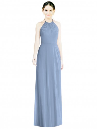 Halter Neck Chiffon Sleeveless Low Back Dusty Blue Bridesmaid Dress Edinburgh