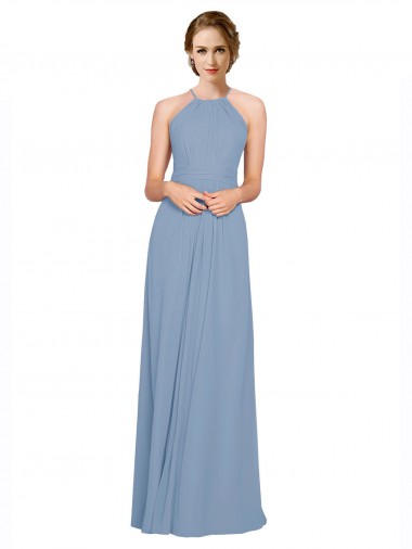 Halter Neck Chiffon Sleeveless Criss Cross Open Back Dusty Blue Bridesmaid Dress / Evening Dress Edinburgh
