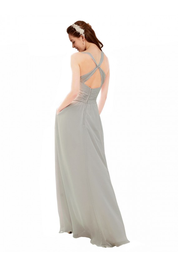 Spaghetti Straps Soft Chiffon Sleeveless Criss Cross Back Silver Bridesmaid Dress Edinburgh