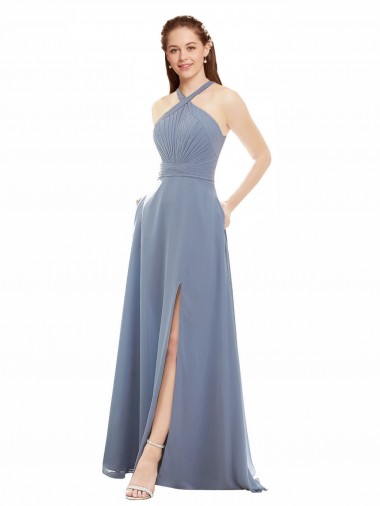 Halter Neck Soft Chiffon Sleeveless Dusty Blue Evening Dress / Bridal Party Dress Edinburgh