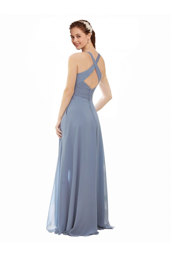 Halter Neck Soft Chiffon Sleeveless Dusty Blue Evening Dress / Bridal Party Dress Edinburgh