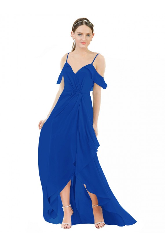 V-Neck Soft Chiffon Cold Shoulder Royal Blue High Low Bridesmaid Dress Edinburgh