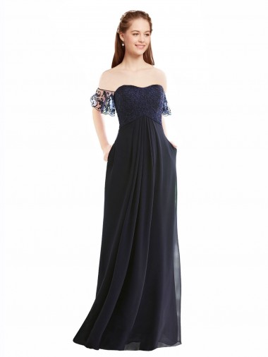 Off the Shoulder Soft Chiffon & Lace Cap Sleeves Dark Navy Formal Dress / Bridesmaid Dress Edinburgh