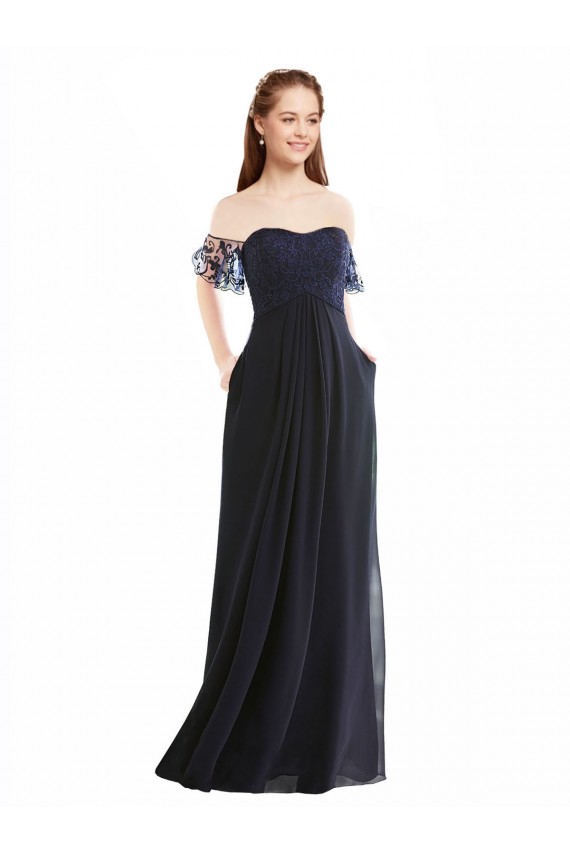 Off the Shoulder Soft Chiffon & Lace Cap Sleeves Dark Navy Formal Dress / Bridesmaid Dress Edinburgh