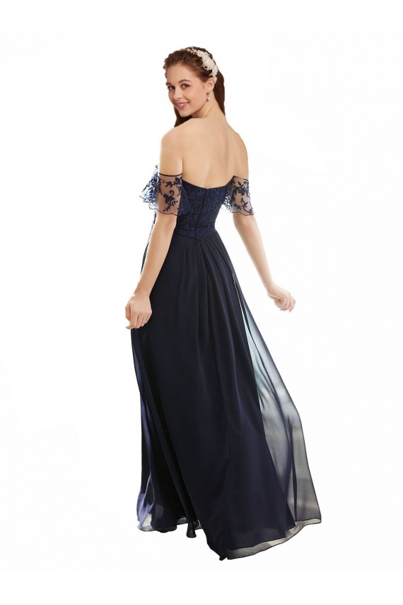 Off the Shoulder Soft Chiffon & Lace Cap Sleeves Dark Navy Formal Dress / Bridesmaid Dress Edinburgh