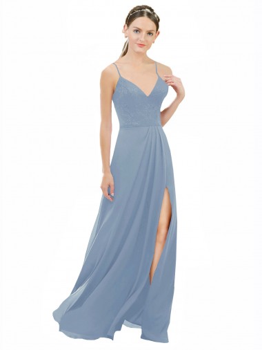 Spaghetti Straps Soft Chiffon & Lace Sleeveless Open Back Dusty Blue Bridesmaid Dress Edinburgh