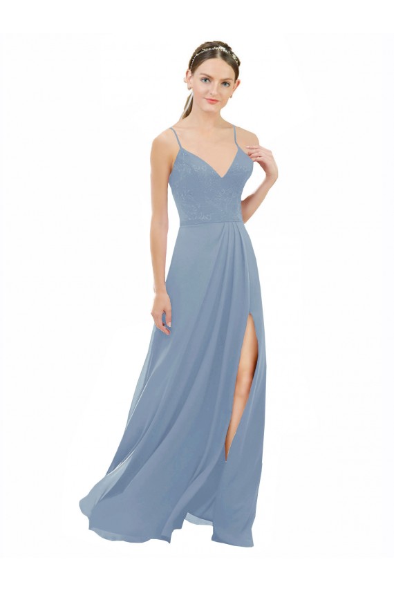 Spaghetti Straps Soft Chiffon & Lace Sleeveless Open Back Dusty Blue Bridesmaid Dress Edinburgh