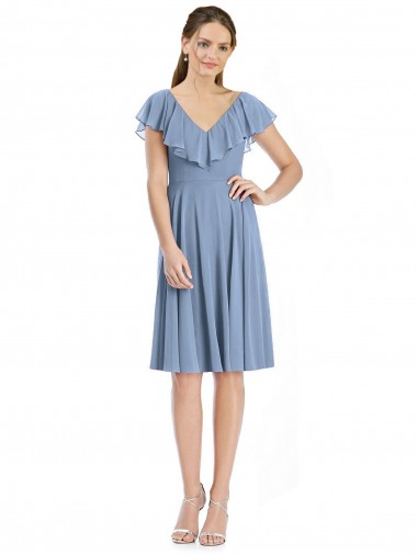 V-Neck Soft Chiffon Cap Sleeves V-Back Dusty Blue Bridesmaid Dress Edinburgh