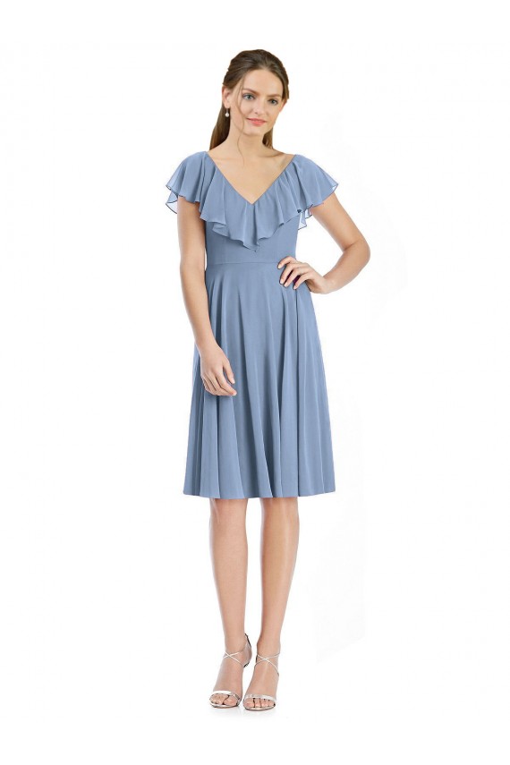 V-Neck Soft Chiffon Cap Sleeves V-Back Dusty Blue Bridesmaid Dress Edinburgh