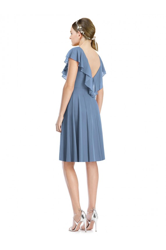 V-Neck Soft Chiffon Cap Sleeves V-Back Dusty Blue Bridesmaid Dress Edinburgh
