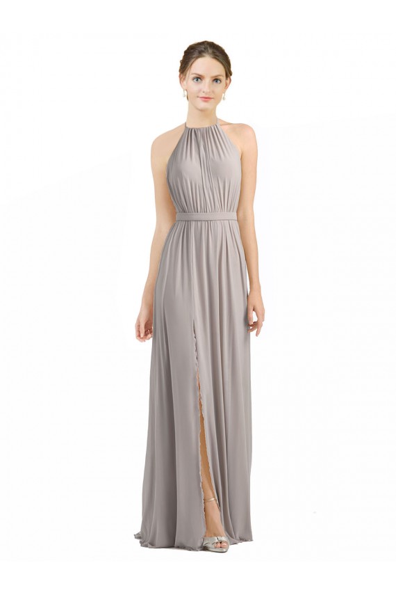Halter Neck Soft Chiffon Sleeveless Open Back Oyster Silver Bridesmaid Dress Edinburgh