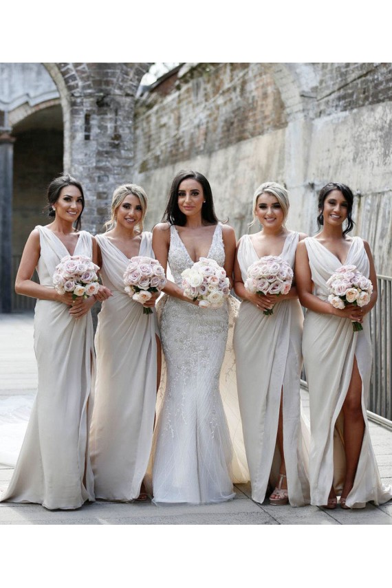 V-Neck Soft Chiffon Sleeveless Low Back Champagne Bridesmaid Dress Edinburgh