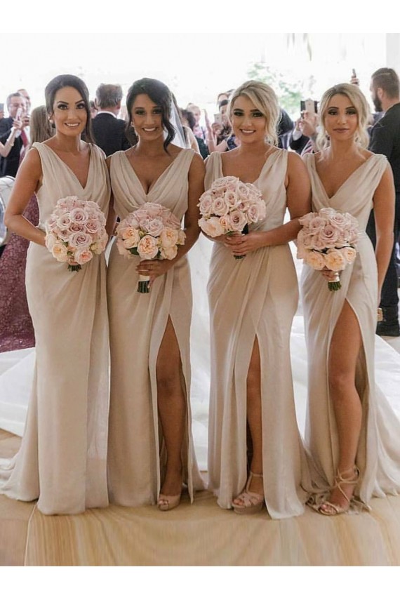 V-Neck Soft Chiffon Sleeveless Low Back Champagne Bridesmaid Dress Edinburgh