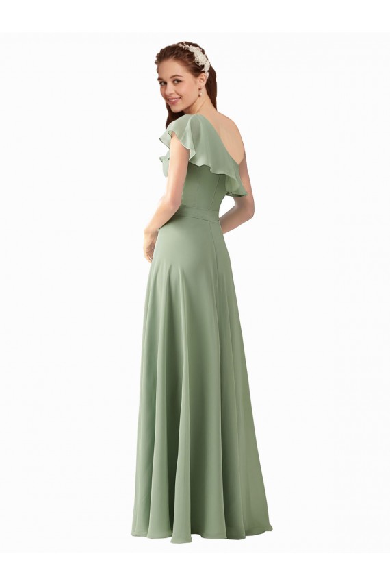 One Shoulder Soft Chiffon Flutter Sleeves Smoke Green Bridesmaid Dress Edinburgh