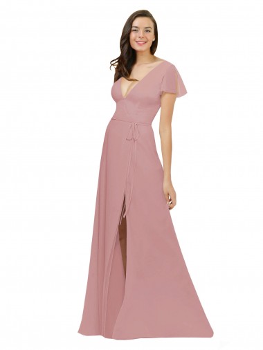 V-Neck Chiffon Flutter Sleeves V-Back Dusty Pink Bridesmaid Dress / Evening Dress Edinburgh