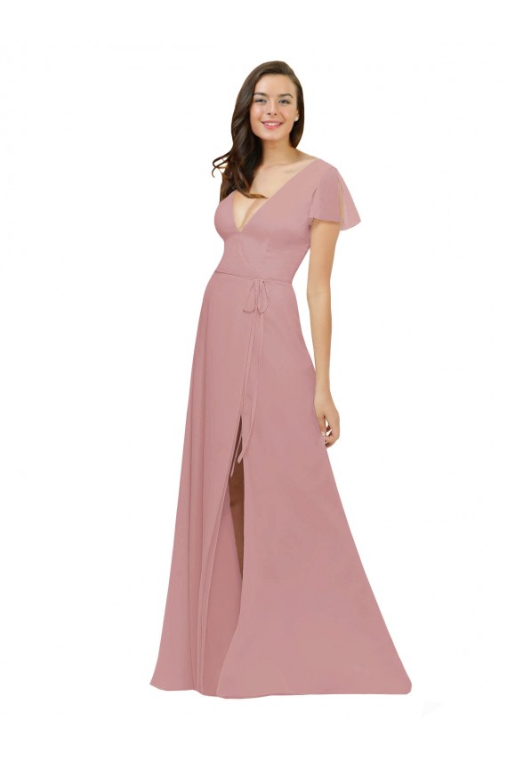 V-Neck Chiffon Flutter Sleeves V-Back Dusty Pink Bridesmaid Dress / Evening Dress Edinburgh