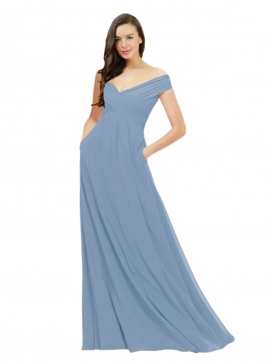 Off the Shoulder Chiffon Sleeveless Dusty Blue Bridesmaid Dress / Evening Gowns Edinburgh