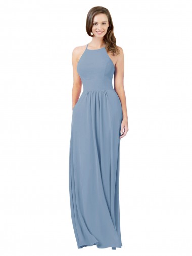 Halter Chiffon Sleeveless Keyhole Back Dusty Blue Bridesmaid Gowns Edinburgh