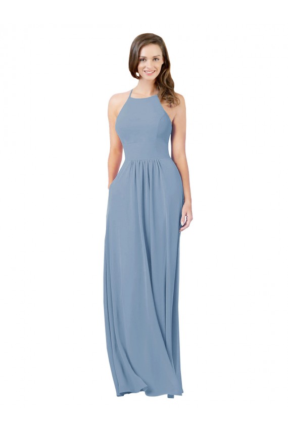 Halter Chiffon Sleeveless Keyhole Back Dusty Blue Bridesmaid Gowns Edinburgh