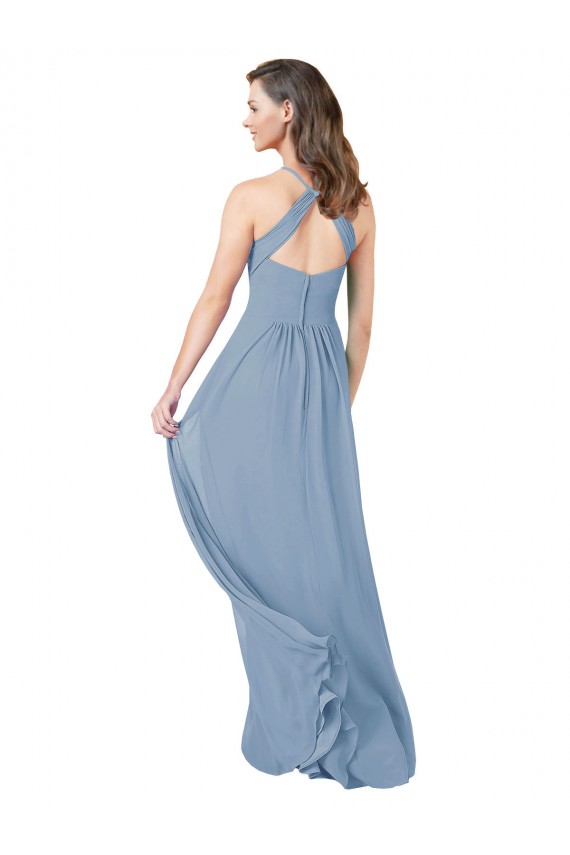 Halter Chiffon Sleeveless Keyhole Back Dusty Blue Bridesmaid Gowns Edinburgh