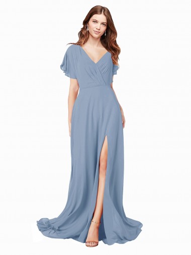 V-Neck Soft Chiffon Cap Sleeves Dusty Blue Black Tie Prom Dress / Bridesmaid Dress Edinburgh