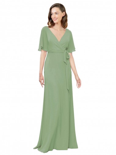V-Neck Soft Chiffon Short Flutter Sleeves Seagrass Bridesmaid Dress Edinburgh