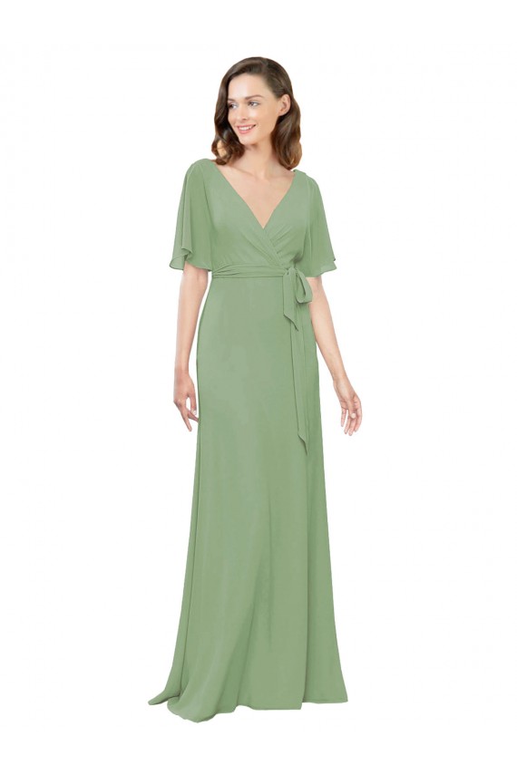 V-Neck Soft Chiffon Short Flutter Sleeves Seagrass Bridesmaid Dress Edinburgh