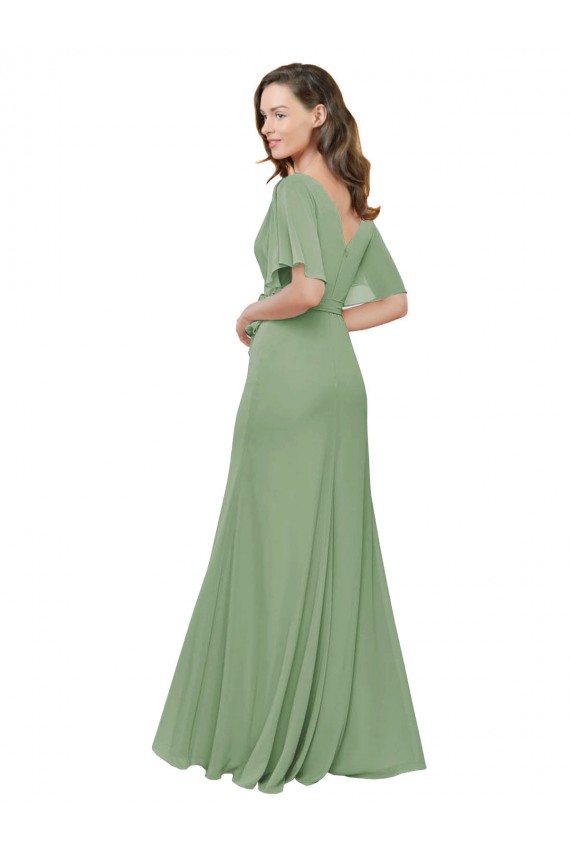 V-Neck Soft Chiffon Short Flutter Sleeves Seagrass Bridesmaid Dress Edinburgh