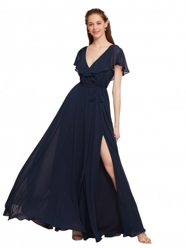 V-Neck Chiffon Cap Sleeves V-Back Dark Navy Evening Gowns / Bridesmaid Dresses Edinburgh