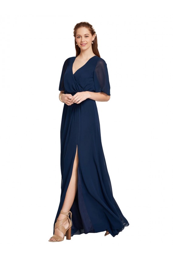 V-Neck Soft Chiffon Flutter Sleeves Dark Navy Bridesmaid Dress / Formal Dress Edinburgh