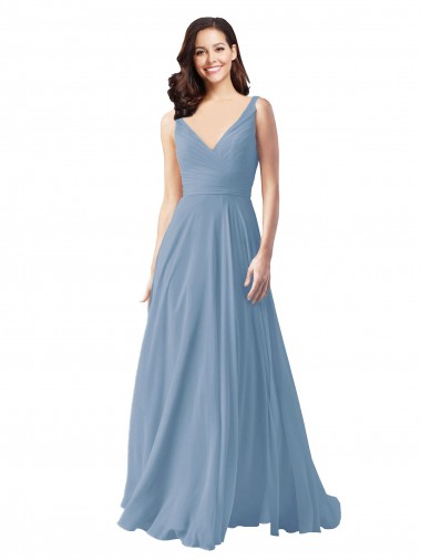 V-Neck Chiffon Sleeveless Dusty Blue Wedding Party Dress Edinburgh