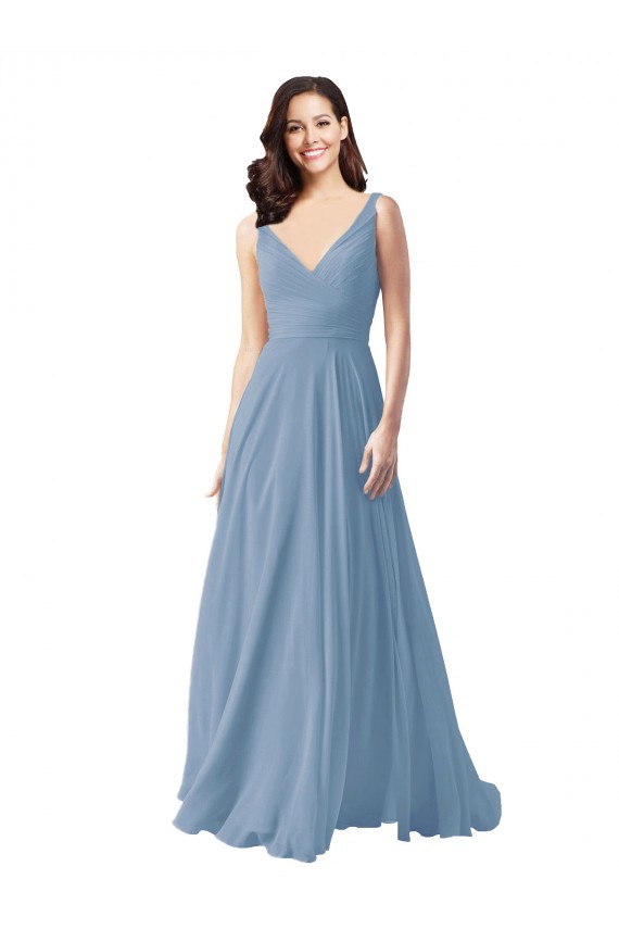 V-Neck Chiffon Sleeveless Dusty Blue Wedding Party Dress Edinburgh
